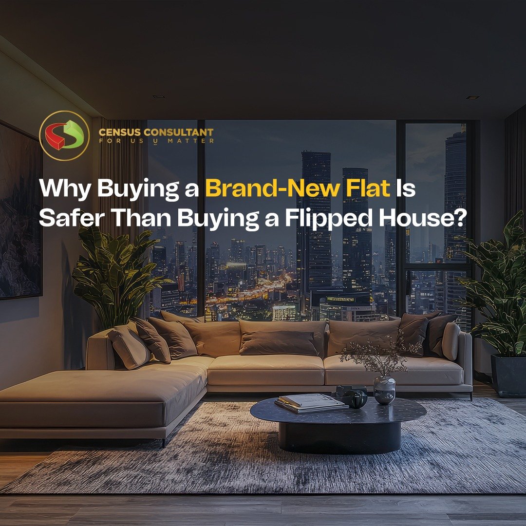 Comparison infographic showing safety benefits of buying a brand new flat over a flipped house